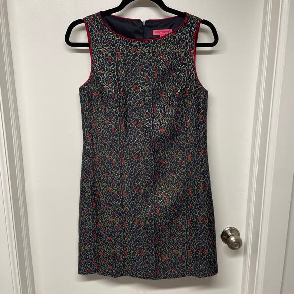 Betsey Johnson Womens Leopard Jacquard Shift Dress Red Gold Metallic Size 4 - Picture 1 of 10